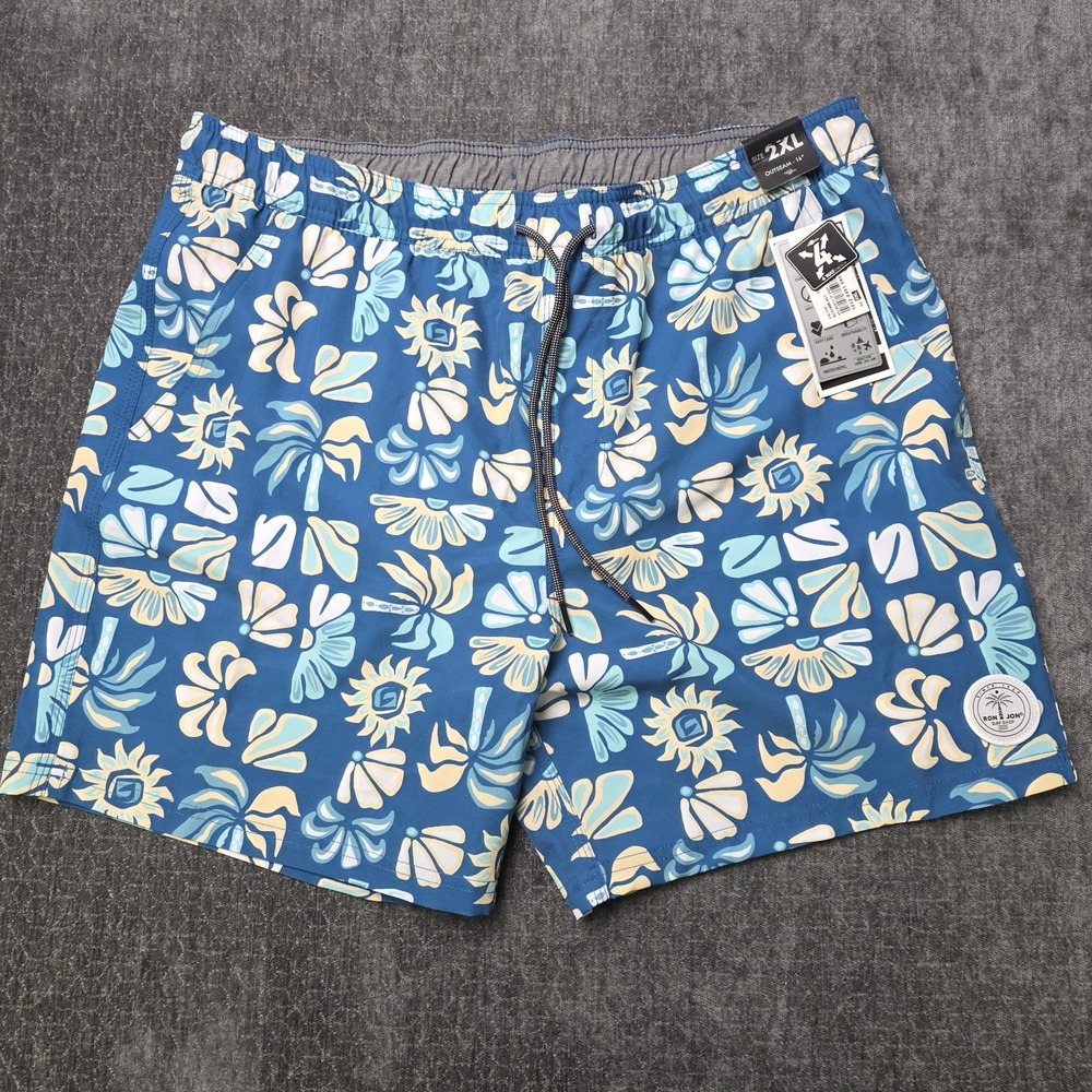 NWT Ron Jon Surf Shop Swim Trunks Mens 2XL XXL 4 Way Stretch Blue Floral 6" Ins